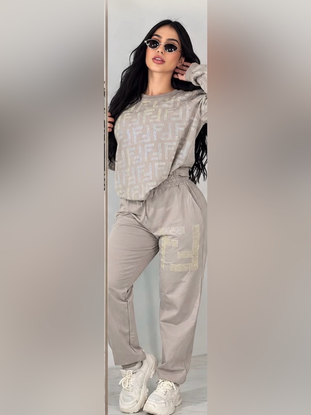 Beige Logo-Print Jogger Pants with Matching sweatshirt size S
